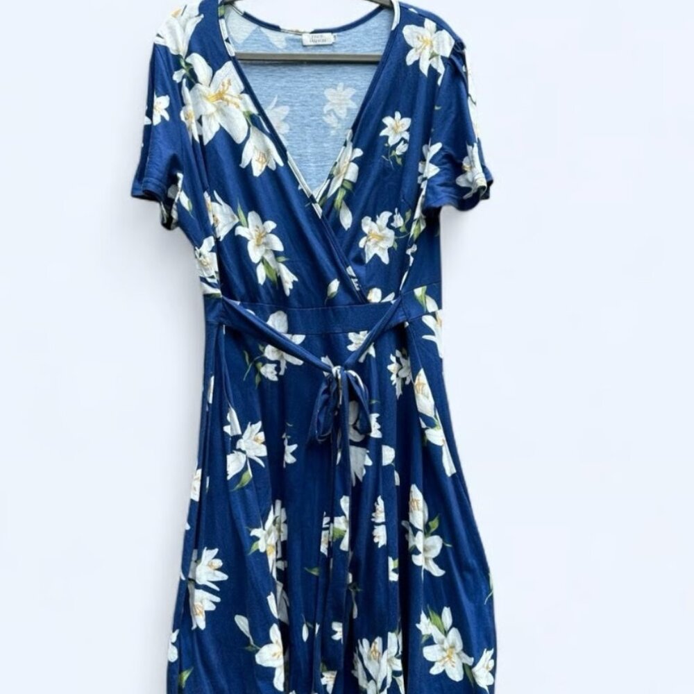 PINUP FASHION FLORAL V-NECK DRESS | BLUE & WHITE | SHORT SLEEVE | SZ 22W - Picture 2 of 14